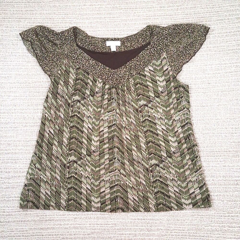 Charter Club Medium Top Flutter Sleeve Mesh Green Brown Chevron V-Neck Blouse